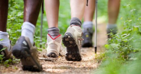 commitment to diversity - An image of the feet of three different hikers with different skin tones walking down a narrow dirt path surrounded by greenery.