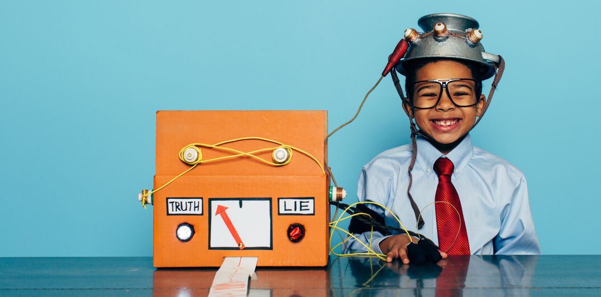 picture of a young child wearing glasses and a business shirt and tie with a helmet on attached to a lie detector with an arrow between the words Truth and Lie with the arrow pointing to lie.