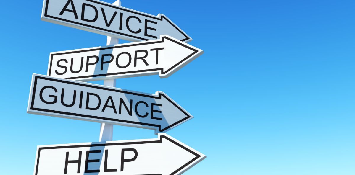 A street sign with 4 arrows pointing to the right with the words Advice, Guidance, Support, and Help.