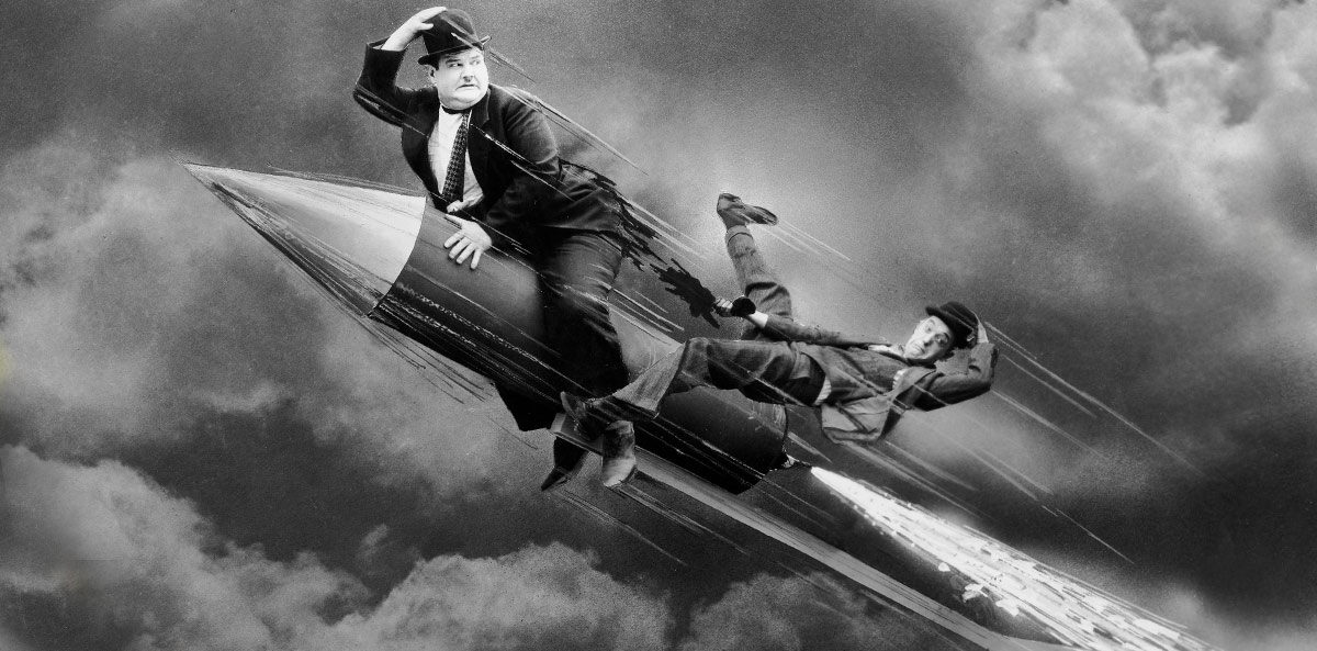 ceo board chair relationship - a black and white image of two men in bowler hats speeding through the sky on the back of a firecracker rocket with the man in the back trying to hold on