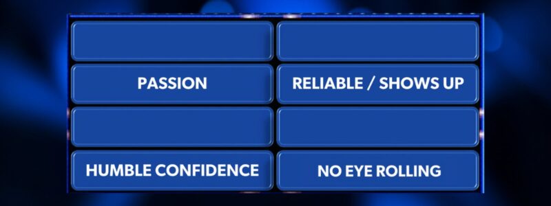 Board Chair Family Feud board with Humble Confidence in the fourth slot.