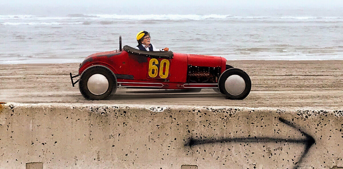 Guided Tour of Joan's Blog: Joan Garry in a race car on the beach