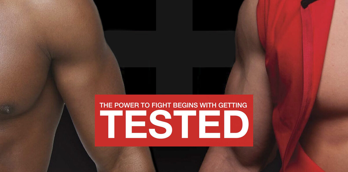 nonprofit press - Hyacinth AIDS Foundation Living Out Loud 2013 campaign featured in The Times of Trenton. The image is of two male presenting muscled bare chests and arms of different races. Between the two bodies is a grey plus sign and the words "The Power to Fight Begins with Getting Tested"