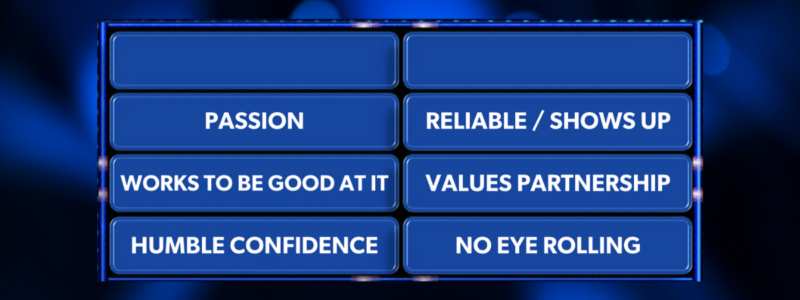 Board Chair Family Feud board with Values Partnership in the seventh slot.