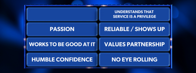 Board Chair Family Feud board with Understands That Service Is A Privilege in the fifth slot.