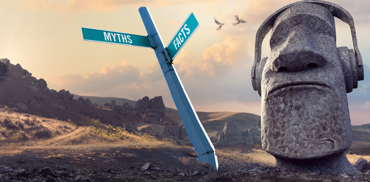 development directors - The background is a hilly landscape with large rocks at dawn with two birds flying through the sky. In the foreground on the right side of the image is a stone Easter Island head with stone headphones. To the left of the head is a bent pole with street signs. The sign pointing to the left says Myths and the sign pointing to the right says Facts.