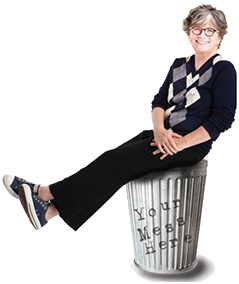 Joan siting on a garbage can